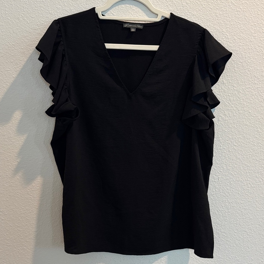 Adrianna Papell Black Ruffle Sleeve V-Neck Top